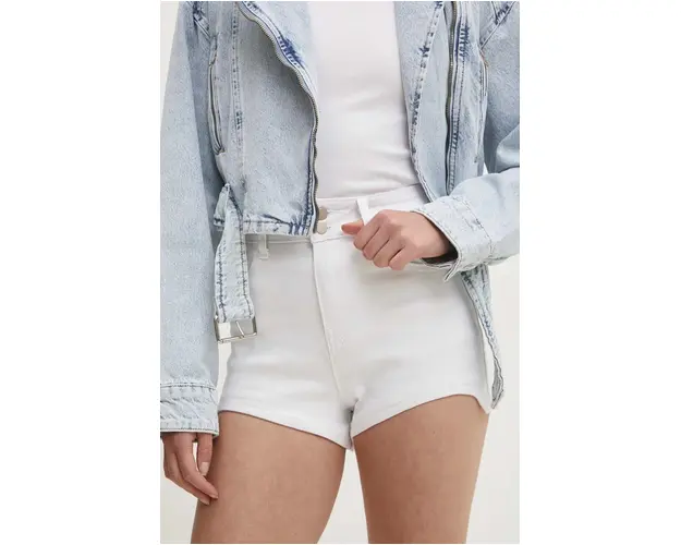 Answear Lab pantaloni scurti jeans femei, culoarea alb, neted, high waist