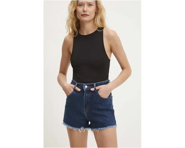 Answear Lab pantaloni scurti jeans femei, culoarea albastru marin, neted, high waist
