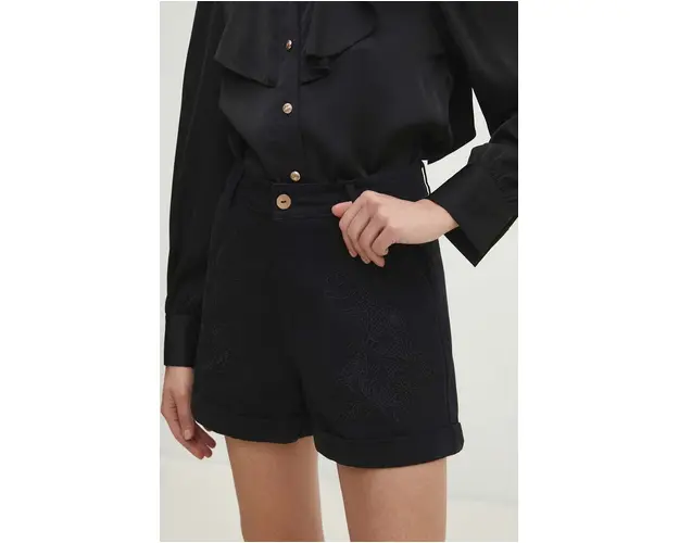 Answear Lab pantaloni scurti din bumbac culoarea negru, cu imprimeu, high waist
