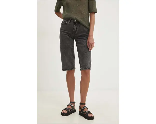 Answear Lab pantaloni scurti jeans femei, culoarea negru, neted, high waist