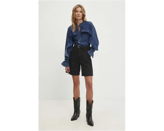 Answear Lab pantaloni scurti jeans femei, culoarea negru, neted, high waist