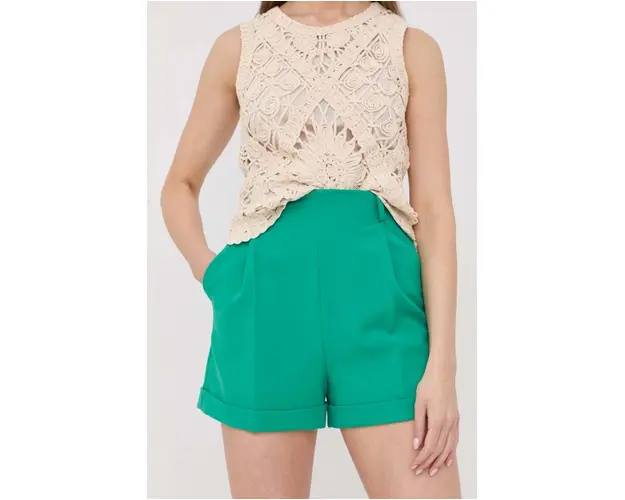 Nissa pantaloni scurti femei, culoarea verde, neted, high waist