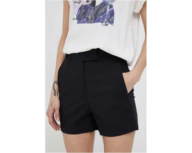 Bomboogie pantaloni scurti femei, culoarea negru, neted, high waist