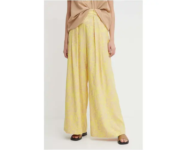 Mos Mosh pantaloni femei, culoarea galben, lat, high waist