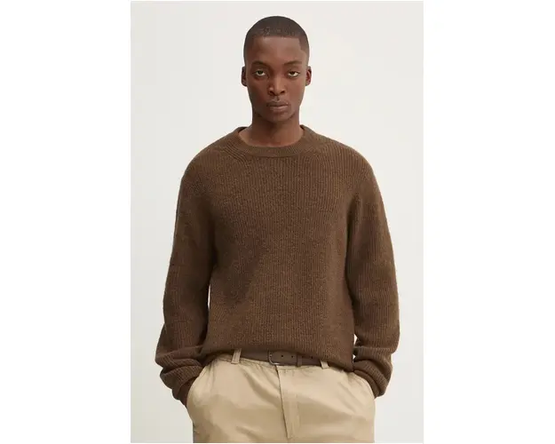 Solid pulover din amestec de lana barbati, culoarea maro