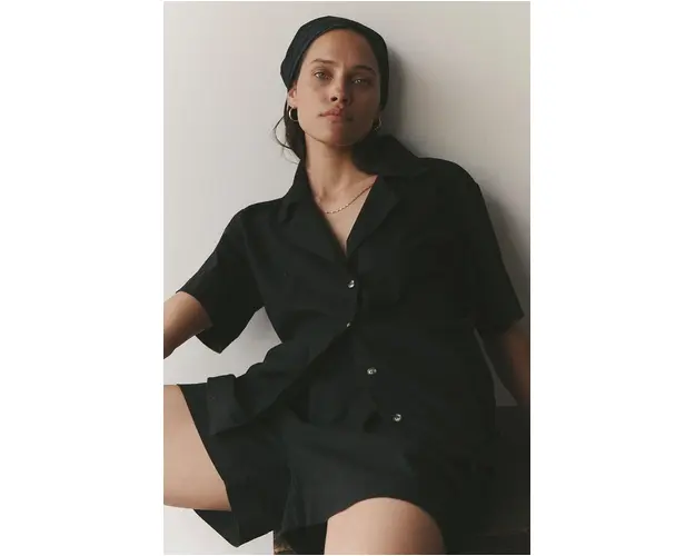 MUUV. camasa din amestec de inPoche femei, culoarea negru, cu guler clasic, relaxed