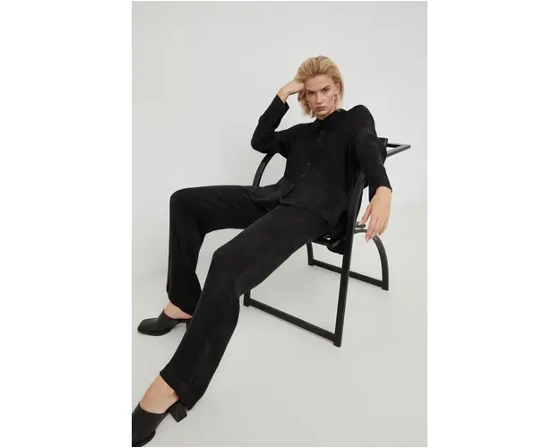 Herskind pantaloni femei, culoarea negru, lat, high waist