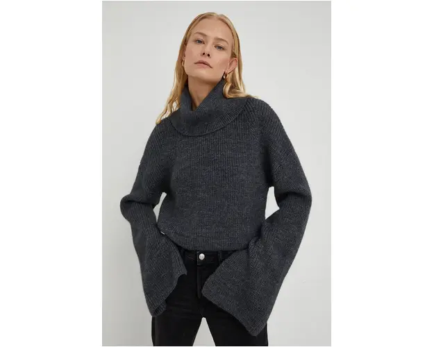 Herskind pulover de lana femei, culoarea gri, calduros, cu guler