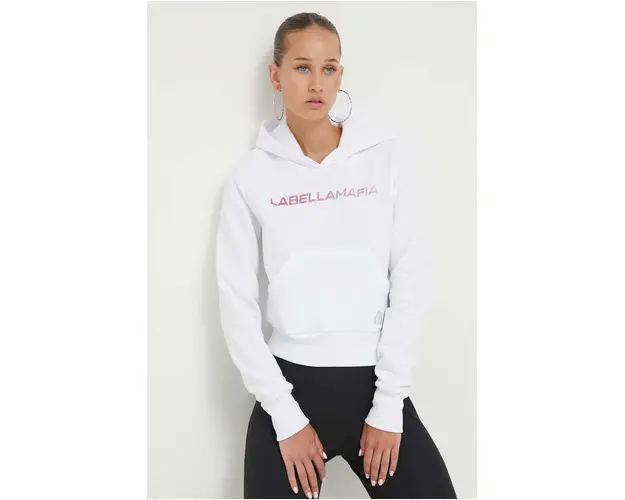 LaBellaMafia bluza femei, culoarea alb, cu gluga, cu imprimeu