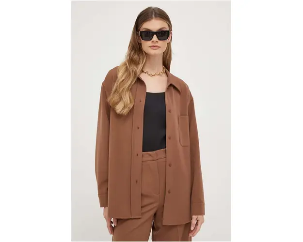 Silvian Heach camasa femei, culoarea maro, cu guler clasic, relaxed