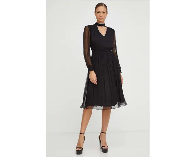 Nissa rochie de matase culoarea negru, midi, evazati