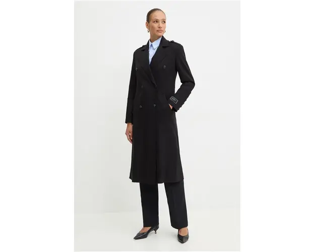 Silvian Heach palton din lana MEZYS culoarea negru, de tranzitie, cu doua randuri de nasturi, CVA24001CP
