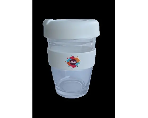 Pahar Termos Latte din sticla cu capac alb din silicon Etolia 300ml