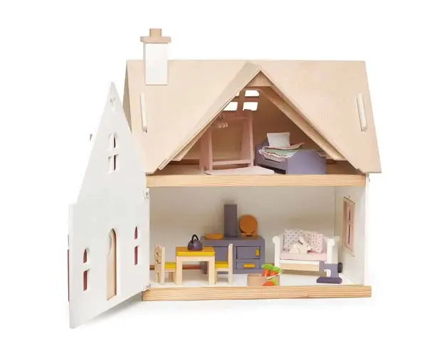 Casuta rurala de papusi, din lemn premium Cottontail Cottage - include 13 componente de mobila in stil retro - Tender Leaf Toys