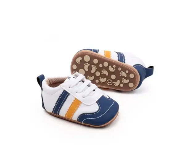 Adidasi pentru bebelusi, albi cu insertii bleumarine si porticalii