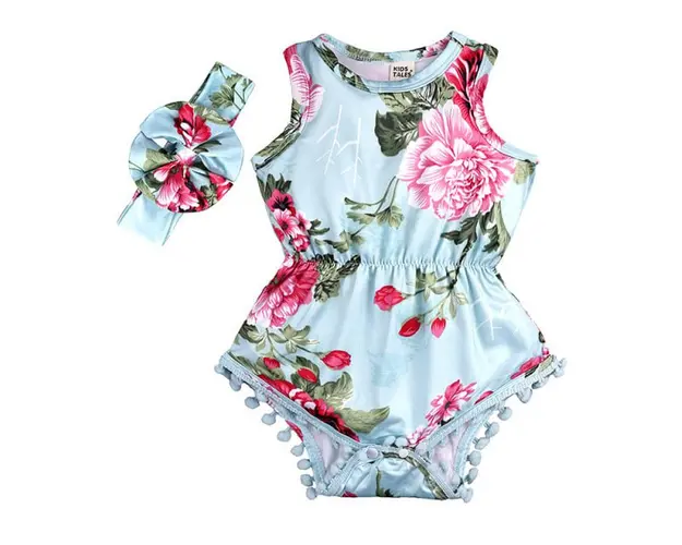 Body bleu imprimat cu flori roz si cu bentita asortata