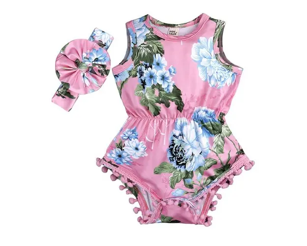 Body roz imprimat cu flori bleu cu bentita asortata