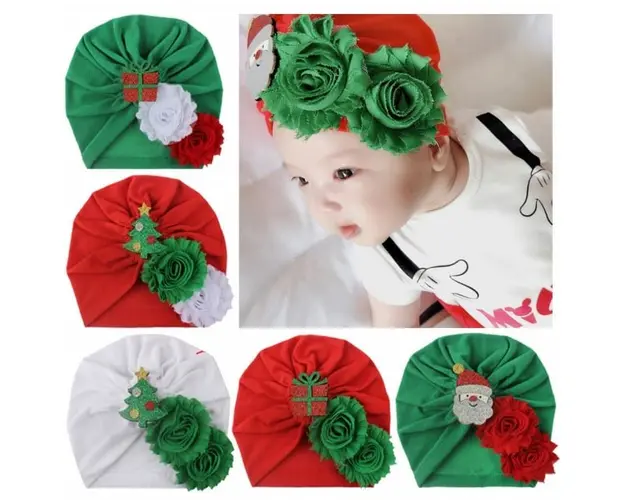 Caciulita tip turban cu floricele si personaje de Craciun