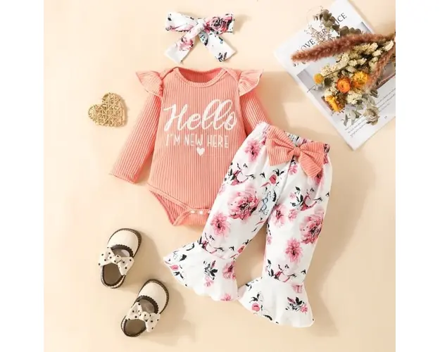 Compleu cu body roz somon si pantaloni evazati