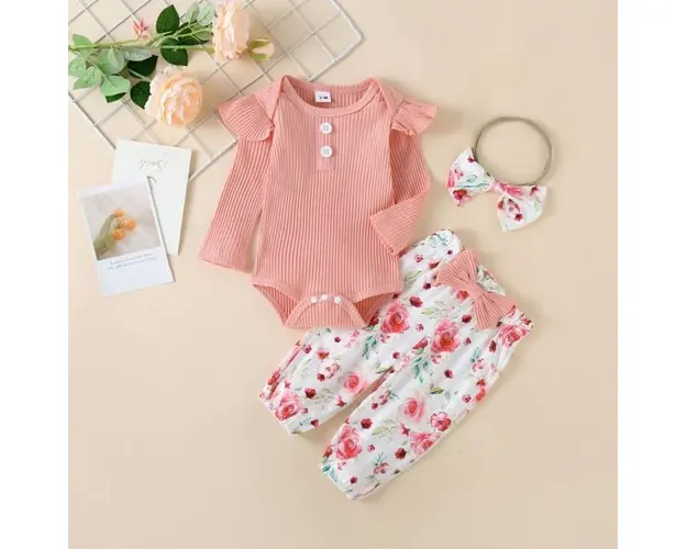 Compleu pentru fetite cu body roz somon - Sunny