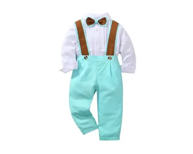 Costum elegant cu papion bleu cu crem
