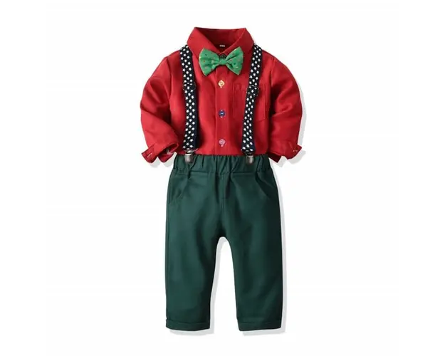 Costum elegant pentru baietei cu camasuta visinie si papion verde
