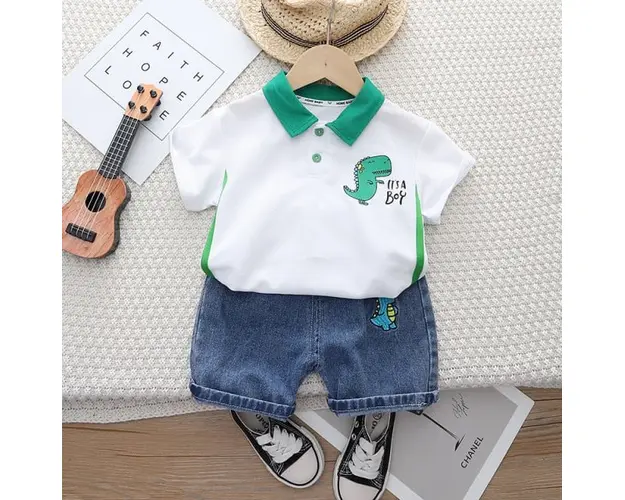 Costumas pentru baietei cu tricou alb tip polo - Dino