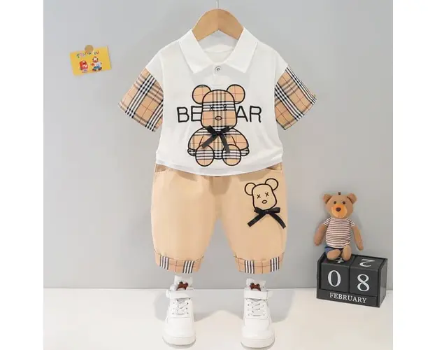 Costumas pentru baietei cu tricou si pantaloni scurti - Cream Bear