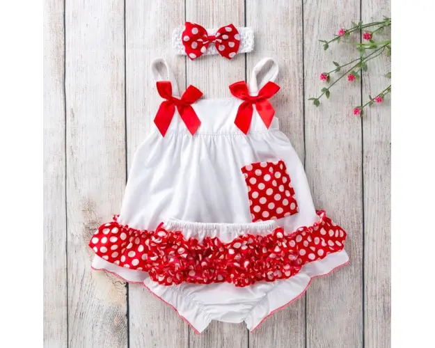 Costumas pentru fetite alb cu volanase rosii