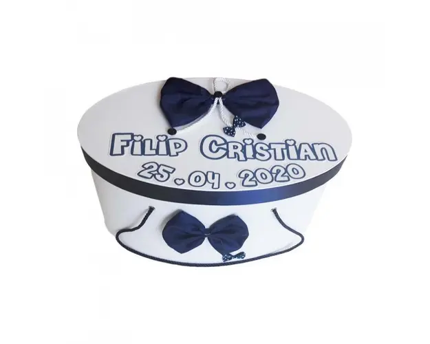 Cutie trusou botez personalizata, decor funda bleumarin, Denikos® 217