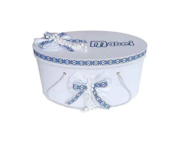 Cutie trusou botez personalizata, decor traditional albastru, Denikos® 231