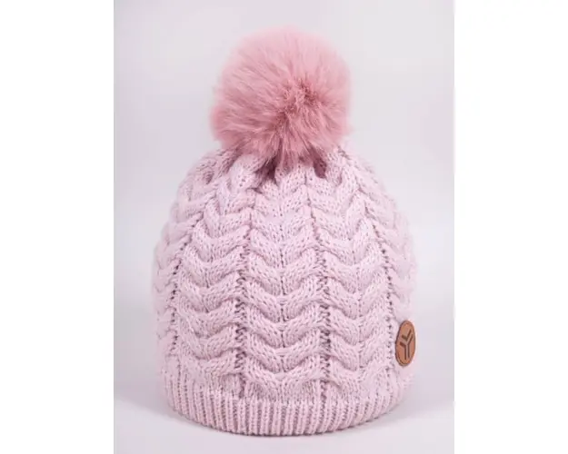 Fes de iarna pentru fetite cu pompon si logo, roz
