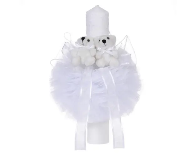 Lumanare botez 2 ursuleti, decor alb diafan, Denikos® 47