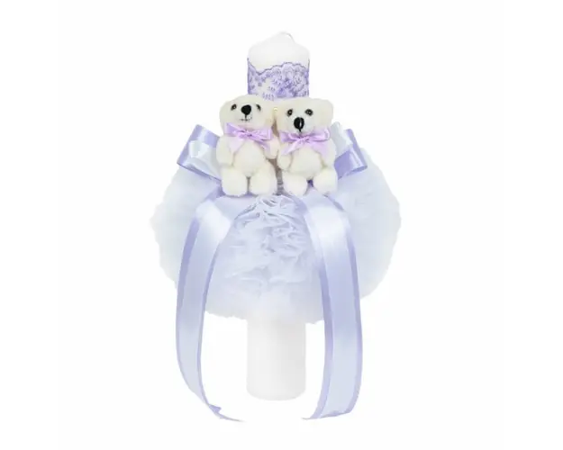 Lumanare botez 2 ursuleti, decor LILA, Denikos® 525