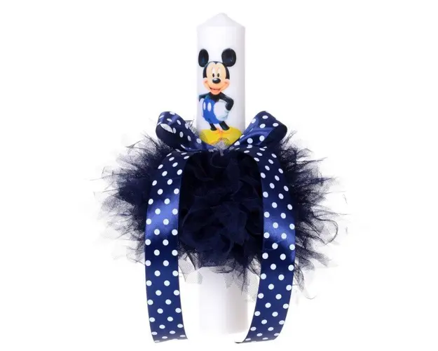 Lumanare botez baietel, tul bleumarin "ciufulit" si fundita cu buline, Denikos® 76