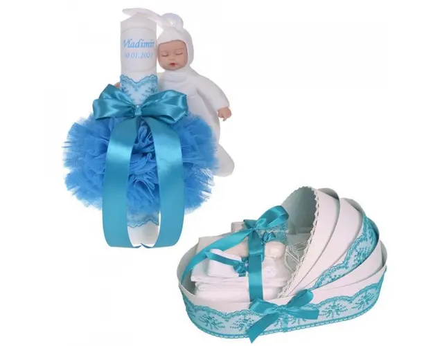 Lumanare botez cu iepuras, personalizata si trusou botez in landou, decor Turcoaz, Denikos® 796