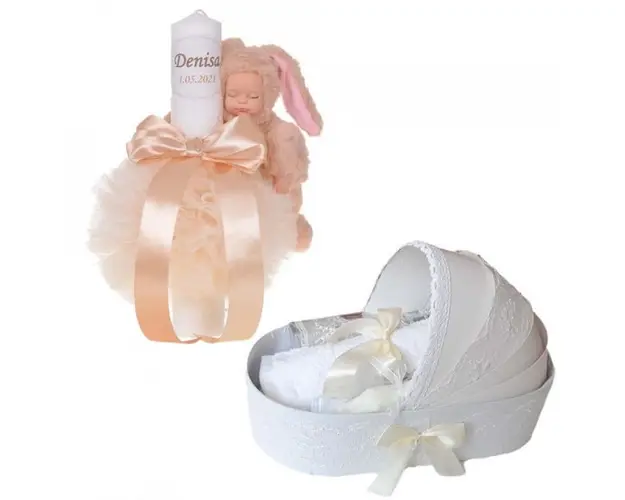 Lumanare botez cu iepuras, personalizata si trusou botez in landou, decor Ivoire, Denikos® 803