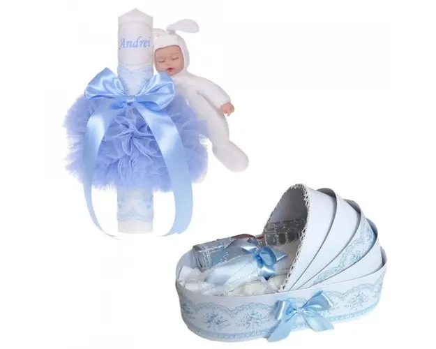 Lumanare botez cu iepuras, personalizata si trusou botez in landou, decor Bleu, Denikos® 804