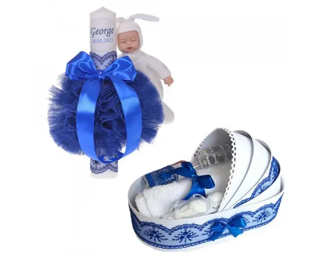 Lumanare botez cu iepuras, personalizata si trusou botez in landou, decor Albastru, Denikos® 805