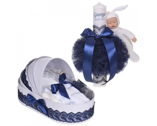 Lumanare botez cu iepuras, personalizata si trusou botez in landou, decor dantela Bleumarin, Denikos® 873