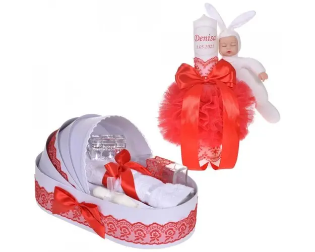 Lumanare botez cu iepuras, personalizata si trusou botez in landou, decor dantela Rosie, Denikos® 874