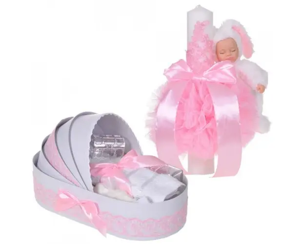 Lumanare botez cu iepuras pufos si trusou botez in landou, decor dantela Roz, Denikos® 854