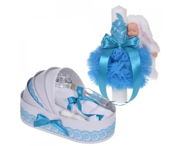 Lumanare botez cu iepuras pufos si trusou botez in landou, decor dantela Turcoaz, Denikos® 861