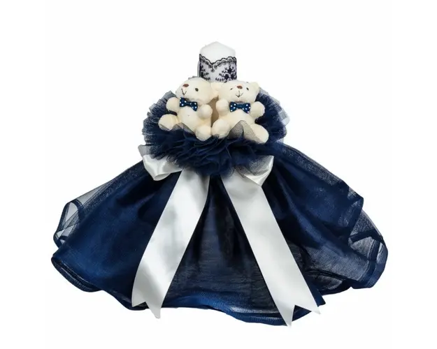 Lumanare botez cu tul, decor bleumarin si ursuleti, Denikos® 531