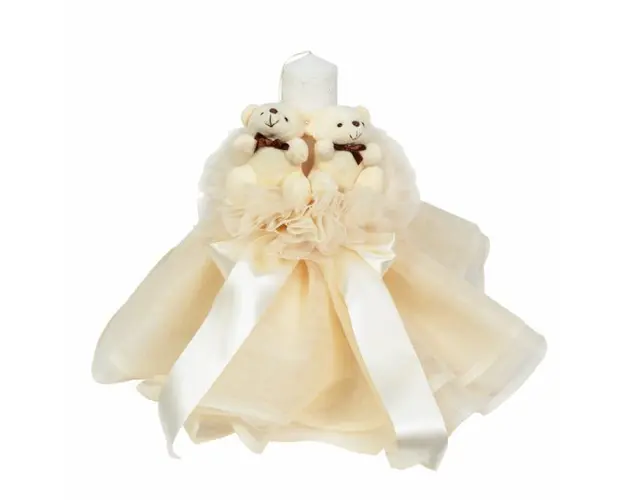 Lumanare botez cu tul, decor ivoire si ursuleti, Denikos® 537