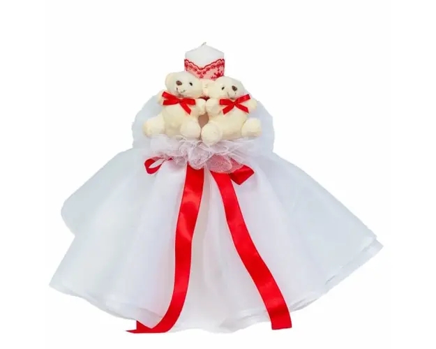 Lumanare botez cu tul, decor ROSU si ursuleti, Denikos® 535