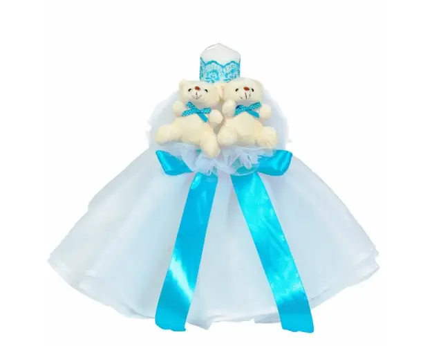 Lumanare botez cu tul, decor turcoaz si ursuleti, Denikos® 536