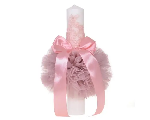 Lumanare botez eleganta cu tul, dantela si fundita, decor roz pudra, Denikos® 707