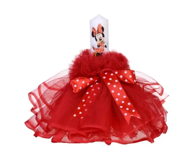 Lumanare botez fetita, rochita rosie si fundita cu buline, Denikos® 79