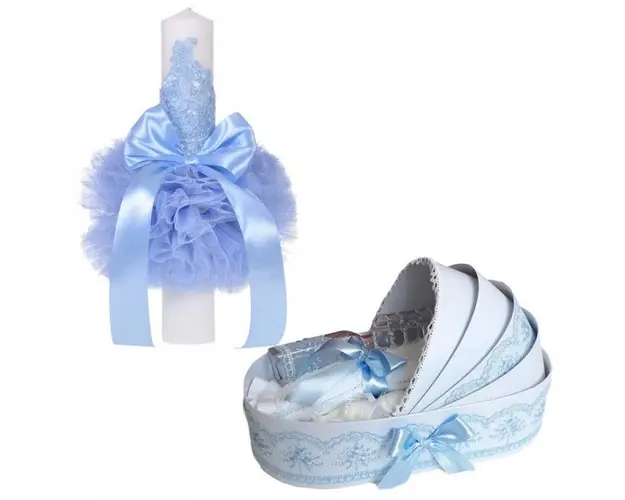 Lumanare botez glob cu dantela si trusou botez in landou, decor Bleu, Denikos® 751